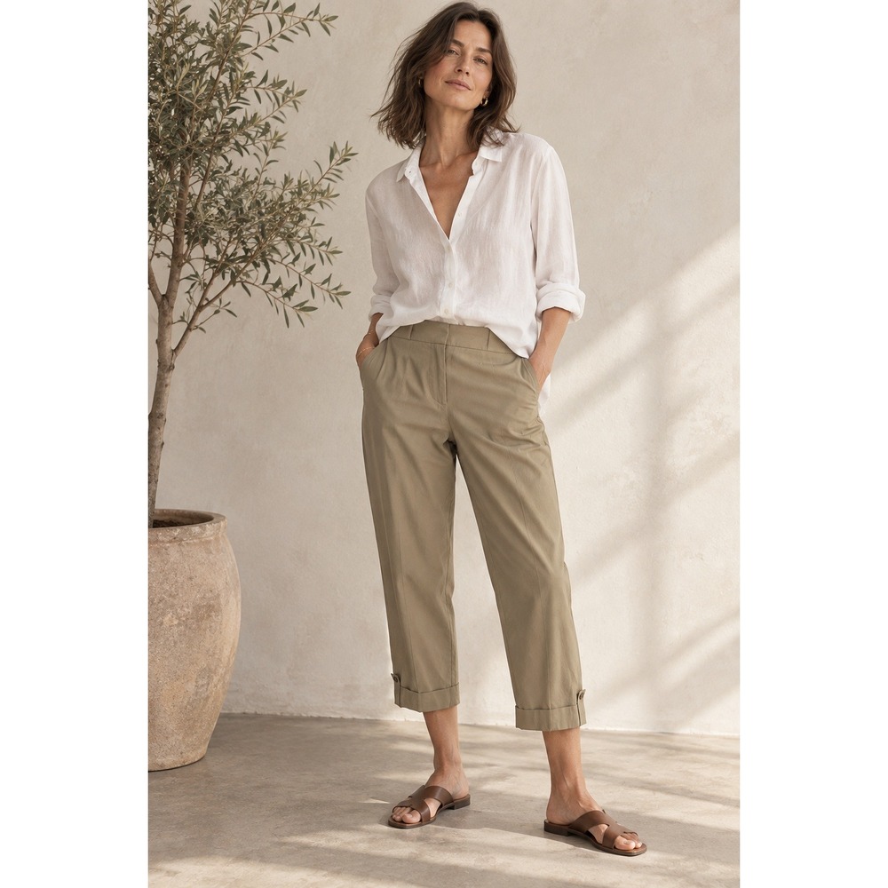 Eileen Fisher Khaki Beige Organic Cotton Cropped Cuffed Pants XL Minimalist